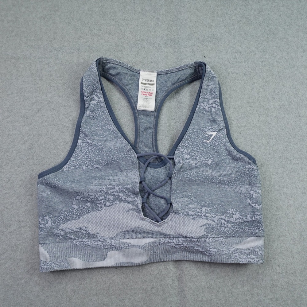 Gymshark Sports Bra Womens XL Blue Camo Seamless Lace Up Racerback Gym